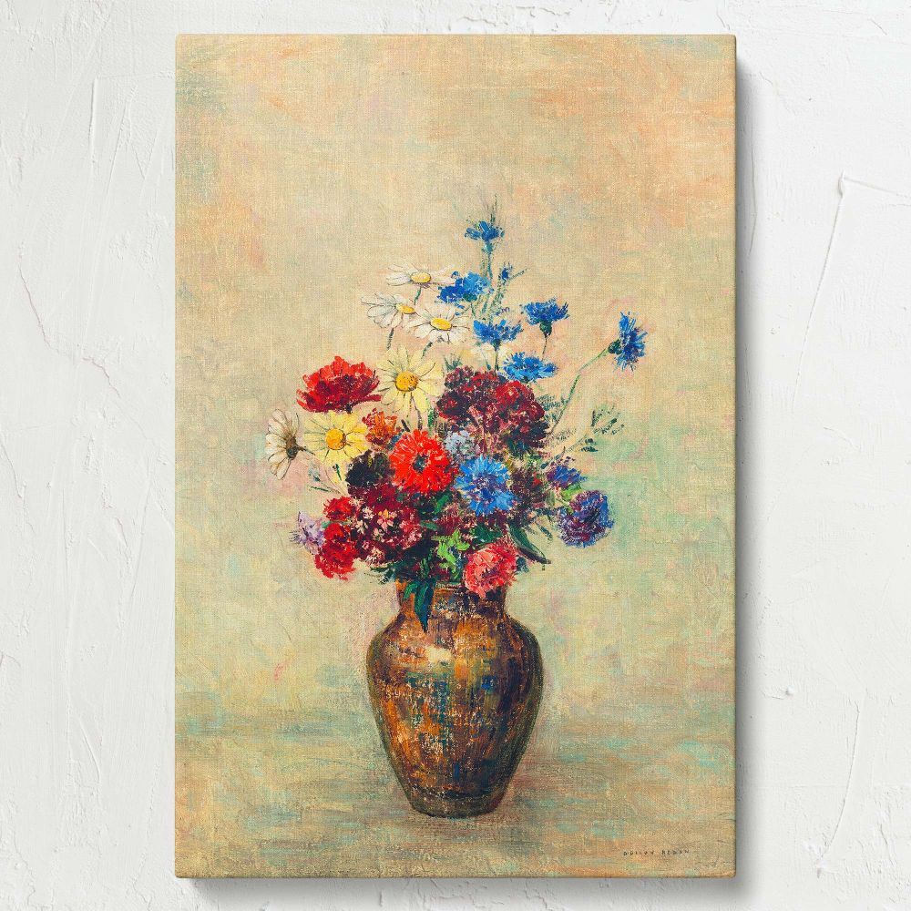 Odilon Redon's Flowers in a Vase as a vibrant wall canvas featuring a rustic vase filled with red, yellow, and blue flowers, with intricate textures and a neutral backdrop that complements both classic and modern home decor styles.