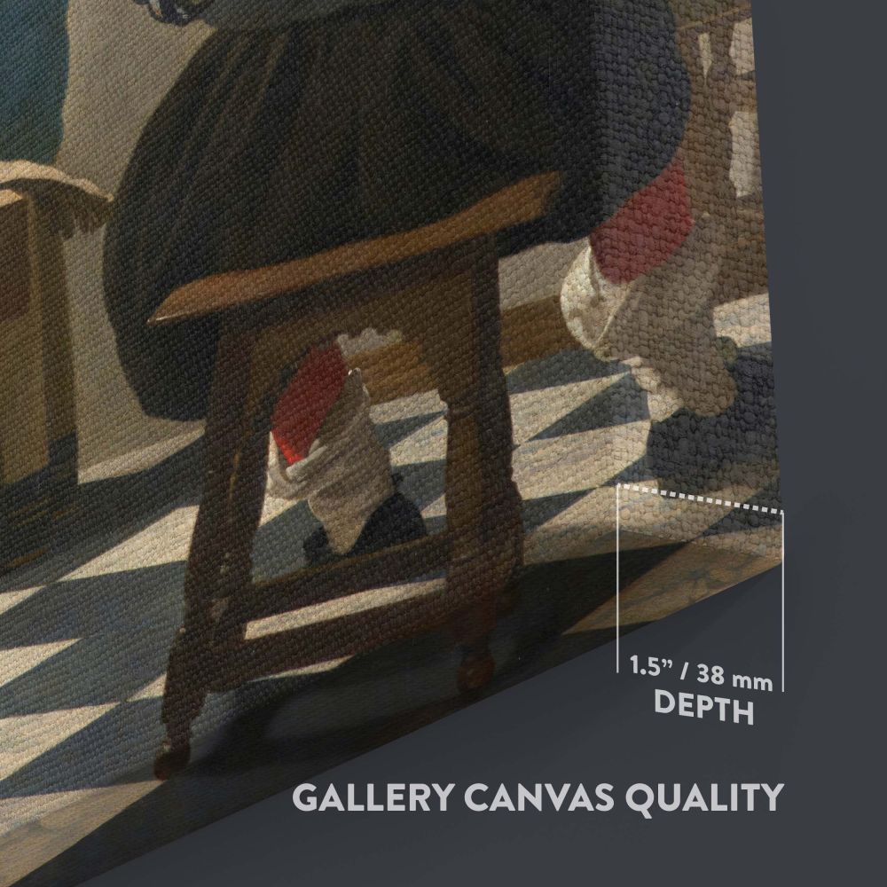 Famous painting wall art of Johannes Vermeer's The Allegory of Painting depicting a timeless scene of an artist and a model in a bright and elegant interior, with soft natural light highlighting the detailed textures of the classic Dutch interior.