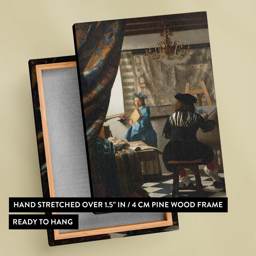 Elegant wall art canvas of Vermeer's The Allegory of Painting featuring a beautifully composed Dutch interior with an artist and model, highlighting Vermeer's signature use of light, perspective, and intricate textures for a timeless masterpiece.