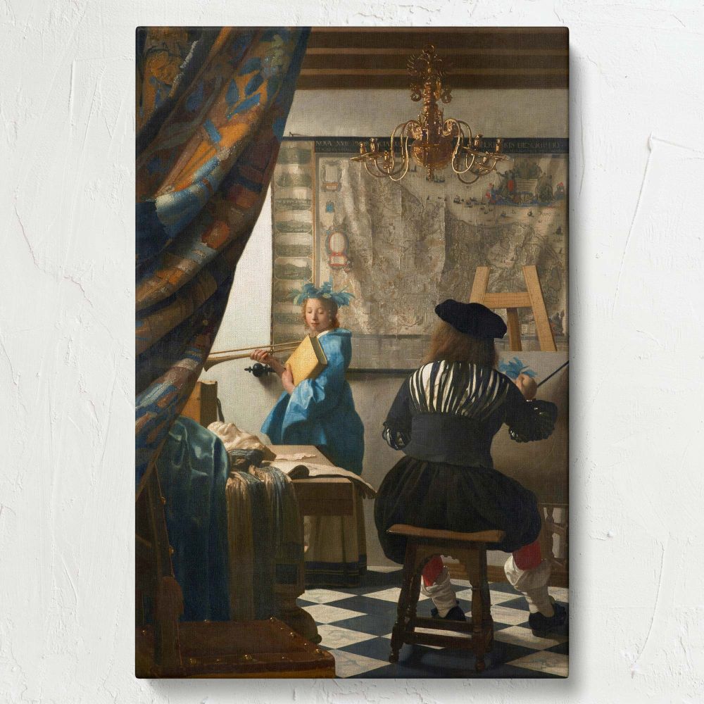 Decorative wall canvas of Johannes Vermeer's The Allegory of Painting showcasing an artist at work with a model in a detailed interior complete with a checkered floor, golden chandelier, and a colorful curtain adding depth and richness to the scene.