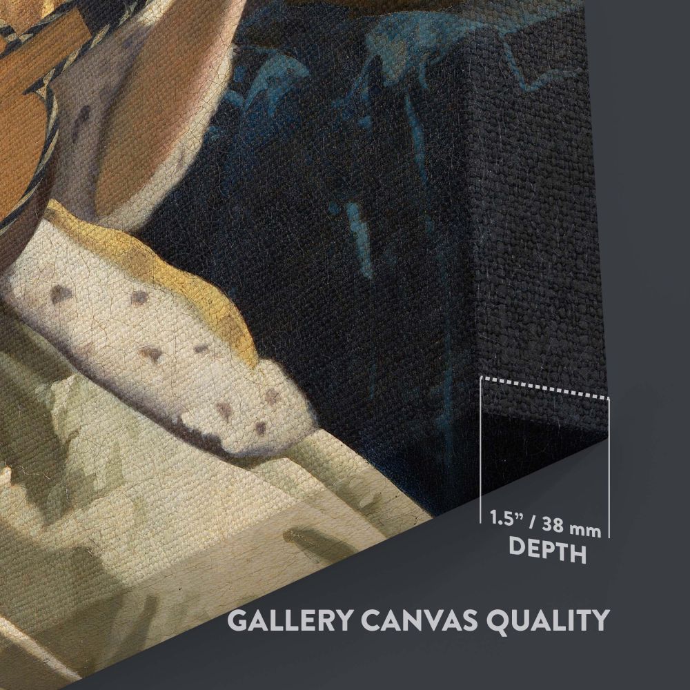 Famous wall art of Vermeer's The Guitar Player featuring a young woman in a fur-trimmed yellow dress playing a guitar, with a softly lit background including a framed painting and books, creating an atmosphere of timeless elegance and artistry.