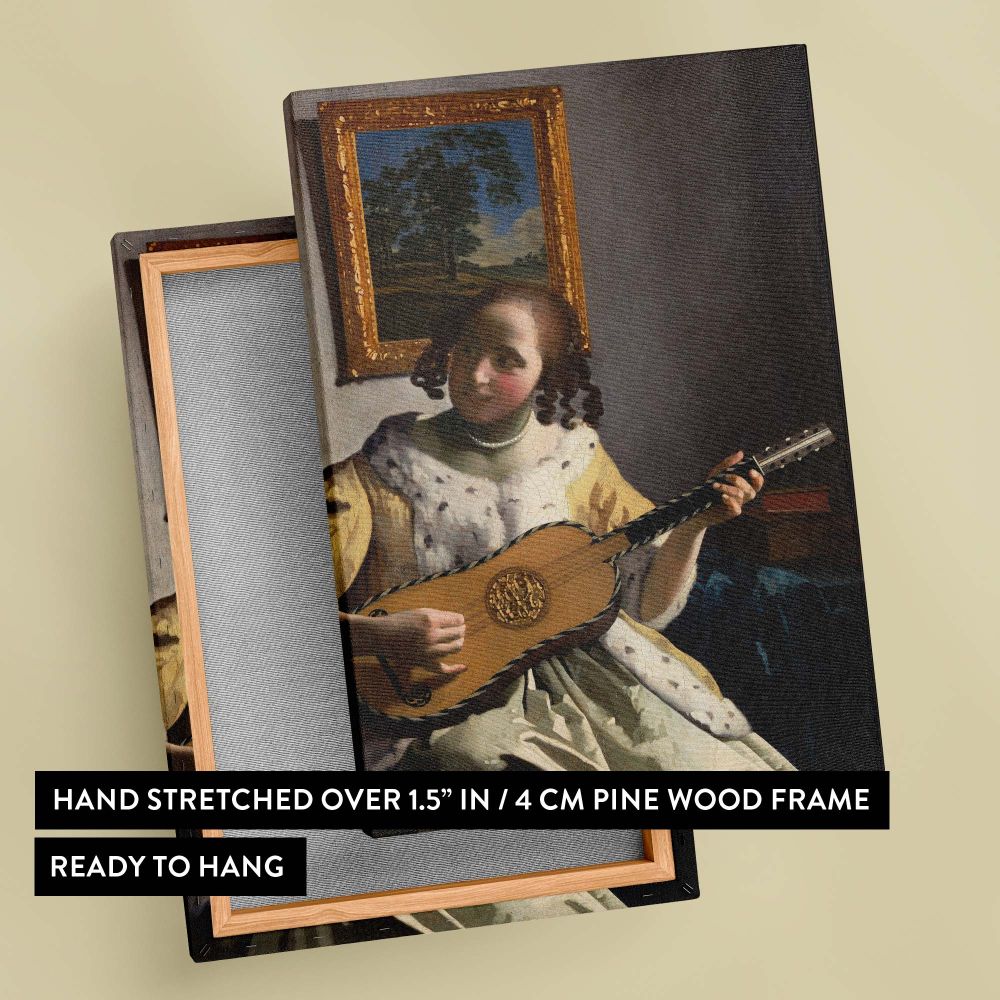 Elegant wall art of Johannes Vermeer's The Guitar Player featuring a serene scene of a woman in refined attire holding a guitar, with soft lighting and a detailed interior background, perfect for enhancing living rooms or music-themed spaces.