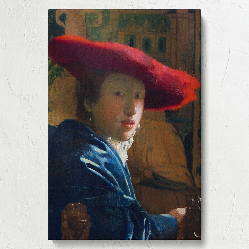 Classic wall art of Girl with the Red Hat by Vermeer showing a luminous portrait of a young woman in a vibrant red hat and a fur-lined blue shawl, with rich textures and subtle details creating a timeless and captivating work of art.