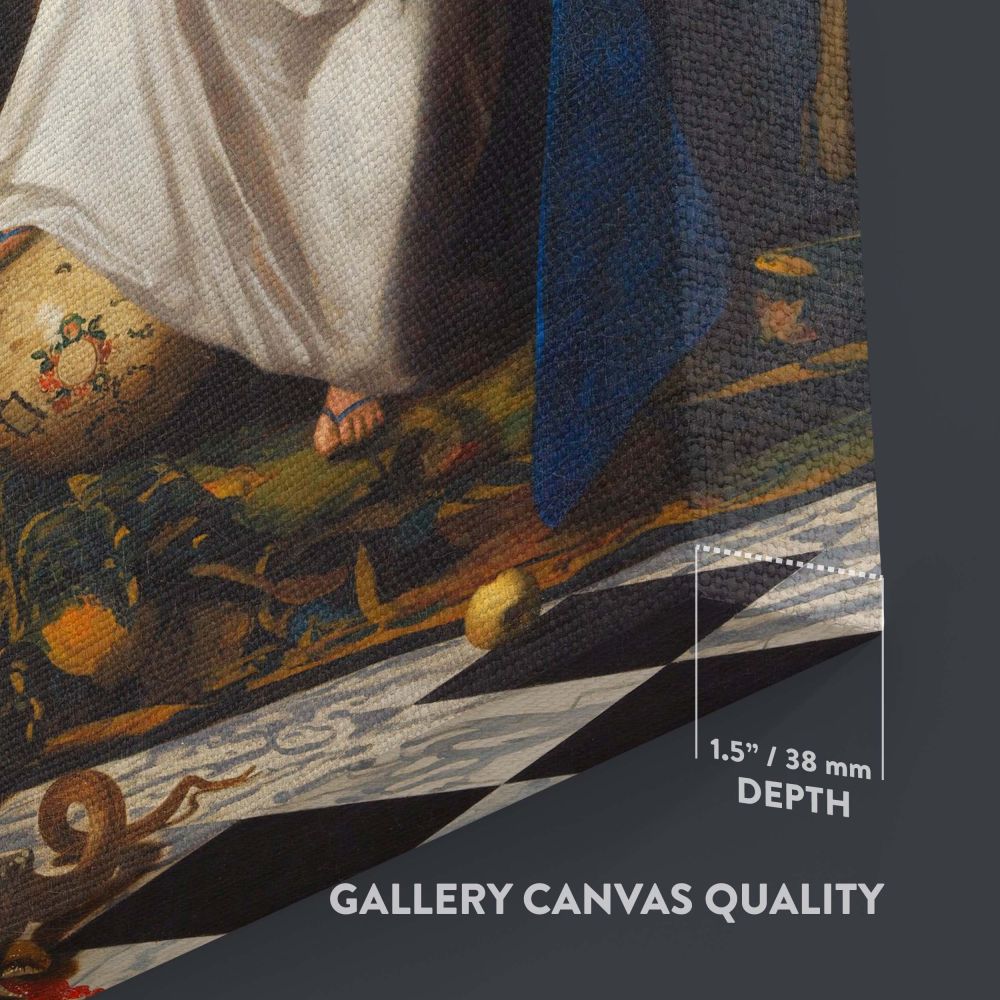 Decorative wall art of Vermeer's Allegory of the Catholic Faith showcasing a seated woman with her hand on her chest, surrounded by religious symbols including a chalice and a globe, with intricate details and soft lighting enhancing the composition.