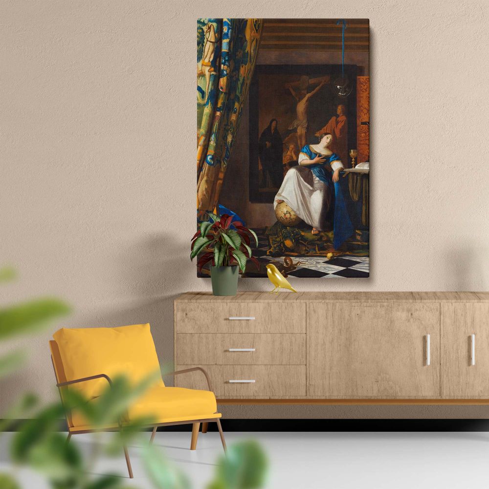 Timeless wall canvas of Allegory of the Catholic Faith by Vermeer showing a woman in devotion surrounded by rich religious imagery, including a Crucifixion painting, a globe, and detailed furnishings that enhance the spiritual tone of the artwork.