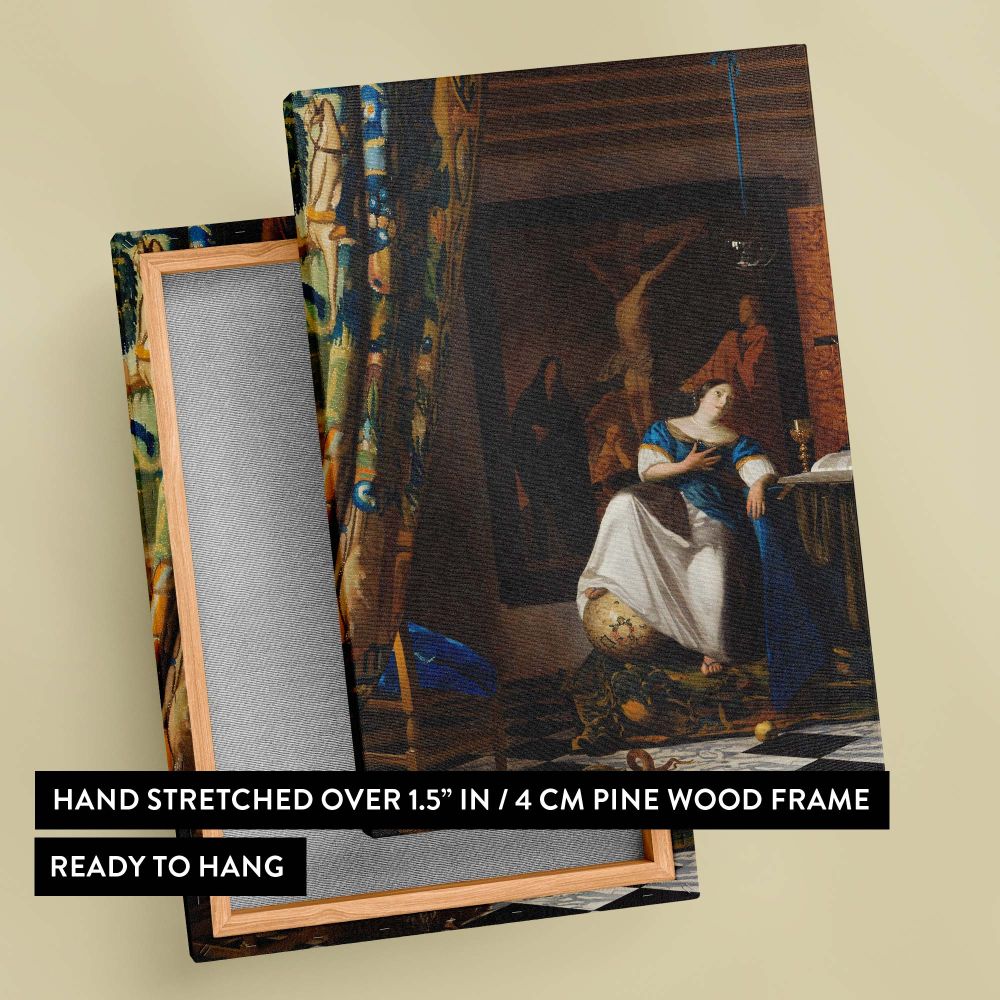 Artistic wall art print of Vermeer's Allegory of the Catholic Faith depicting a woman in blue and white robes seated in a symbolic interior featuring a globe, a chalice, and a richly textured tapestry with dramatic lighting and vibrant colors.
