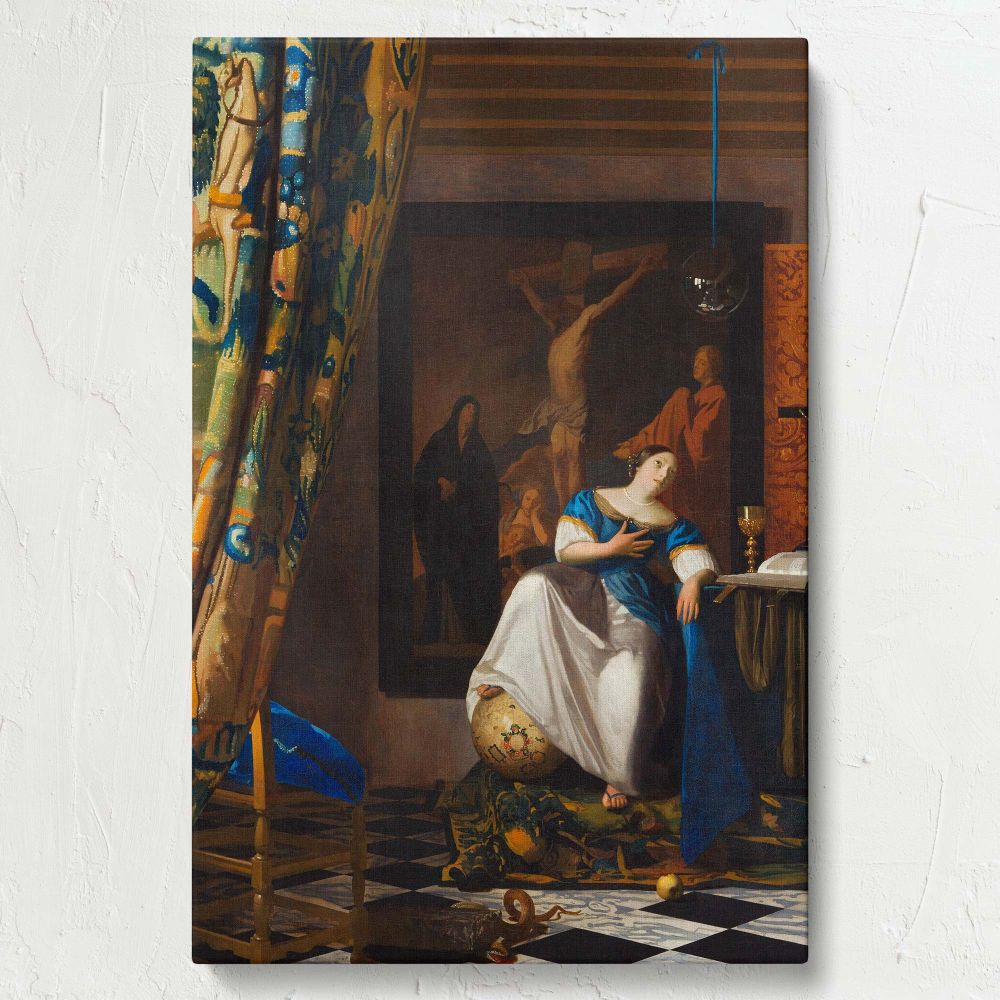 Captivating canvas of Johannes Vermeer's Allegory of the Catholic Faith showcasing a serene woman surrounded by religious symbols in a richly lit interior, including a globe and a Crucifixion painting that reflect faith and devotion.