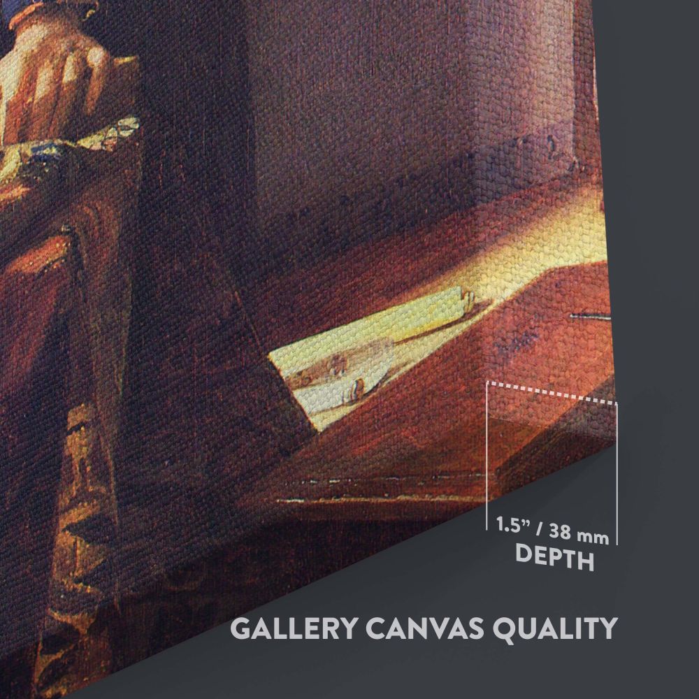 Famous painting wall art of The Geographer by Johannes Vermeer depicting a pensive scientist in a blue robe with a red sash, working on his studies in a sunlit room with a globe and detailed patterns on the tablecloth and decor.