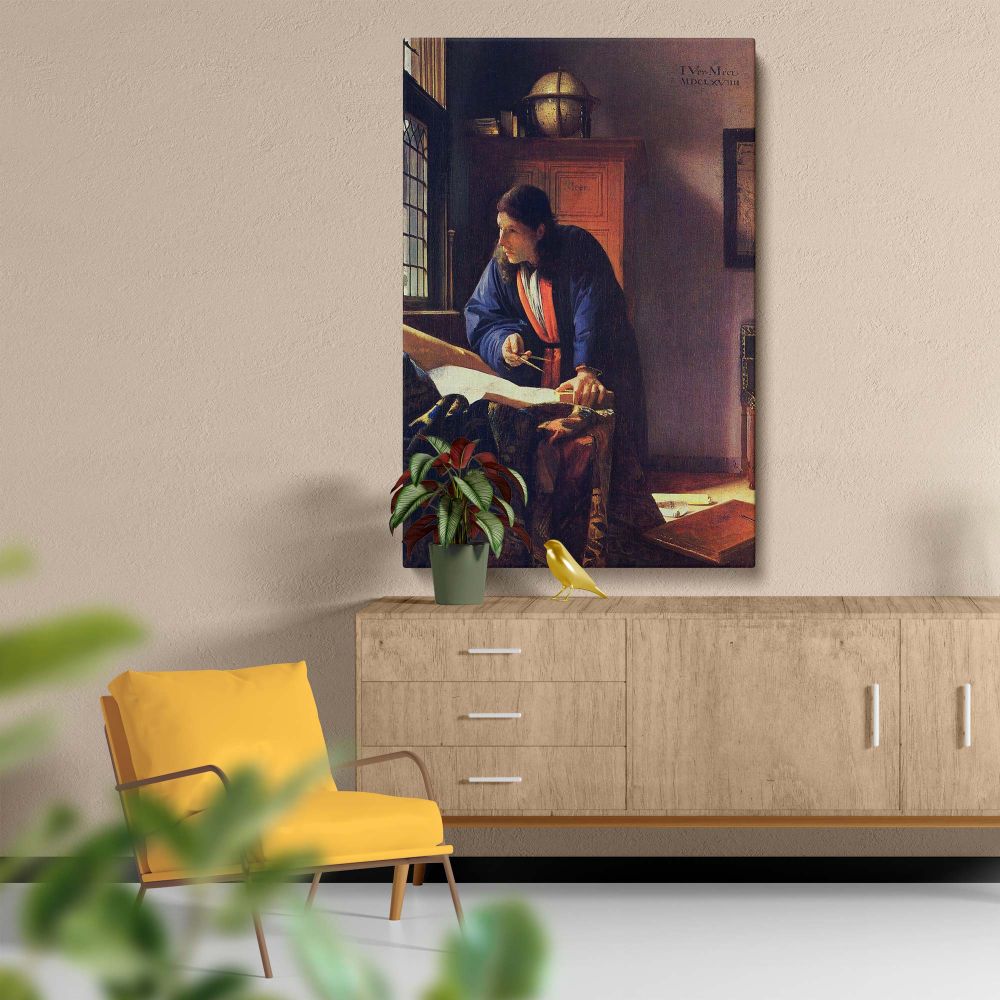 Artistic wall canvas of Johannes Vermeer's The Geographer featuring a scholar engrossed in study, surrounded by objects of intellectual pursuit, including a globe and map, with sunlight highlighting the textures and rich details of the interior.