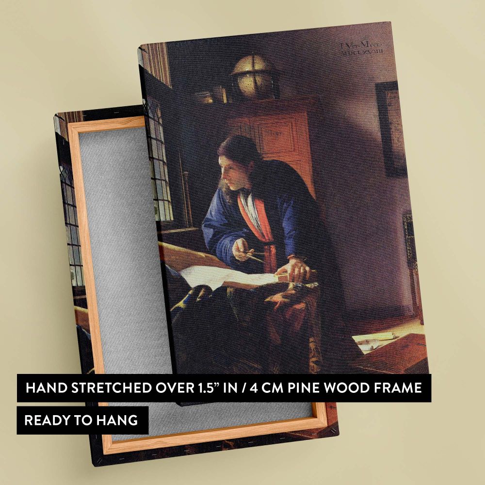 Timeless wall art of Vermeer's The Geographer showing a pensive scientist illuminated by soft sunlight as he works with a compass, surrounded by a globe, books, and a patterned tablecloth in a richly furnished interior reflecting intellectual curiosity.