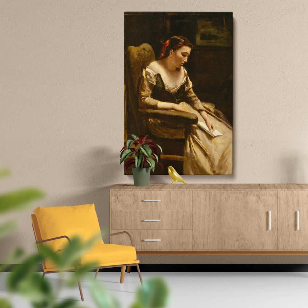 Classic painting of The Letter as a wall canvas showing a woman in a serene pose reading a letter, with the warm light highlighting the textures of her dress, the chair, and the surrounding room, capturing a peaceful and intimate moment.