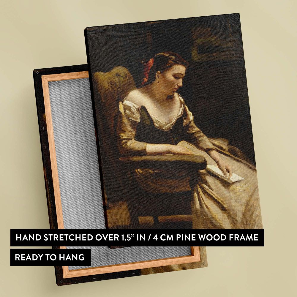 Elegant canvas print of The Letter featuring a contemplative woman reading in a softly lit room, with her serene expression and the warm, inviting tones of the furnishings creating an atmosphere of quiet beauty and timeless sophistication.