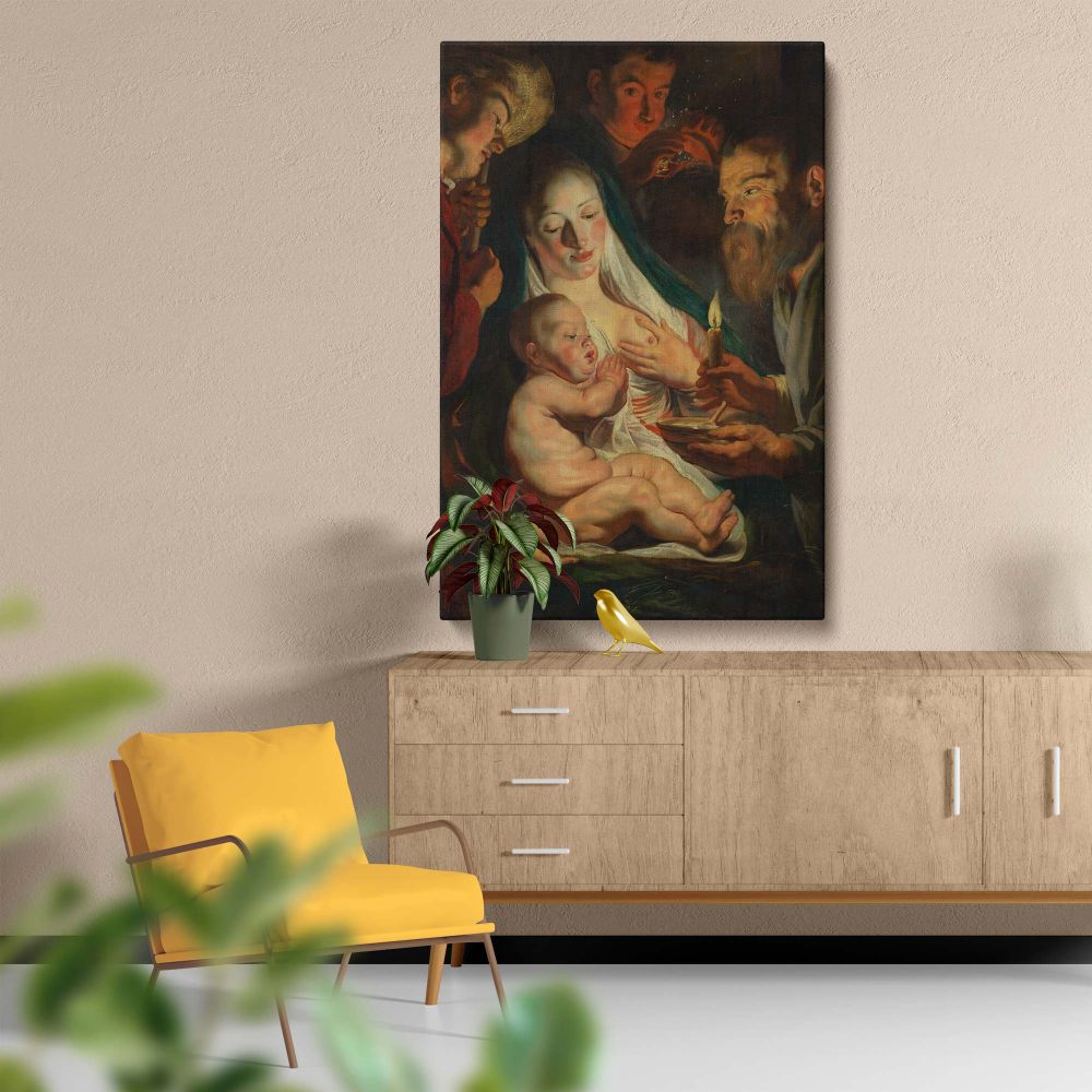 Captivating wall art of The Holy Family with Shepherds by Jacob Jordaens featuring a candlelit religious scene with Mary, Joseph, and shepherds tenderly gathered around Jesus, illuminated with dramatic light and shadow in a warm Baroque setting.