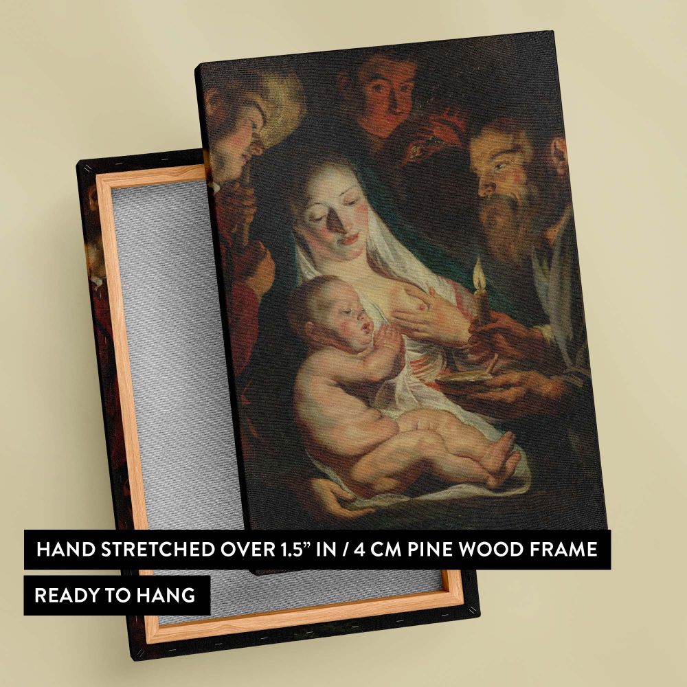 Elegant wall art print of The Holy Family with Shepherds by Jacob Jordaens showcasing a candlelit religious scene with tender expressions on Mary, Jesus, and the shepherds, highlighted by dramatic contrasts of light and shadow.