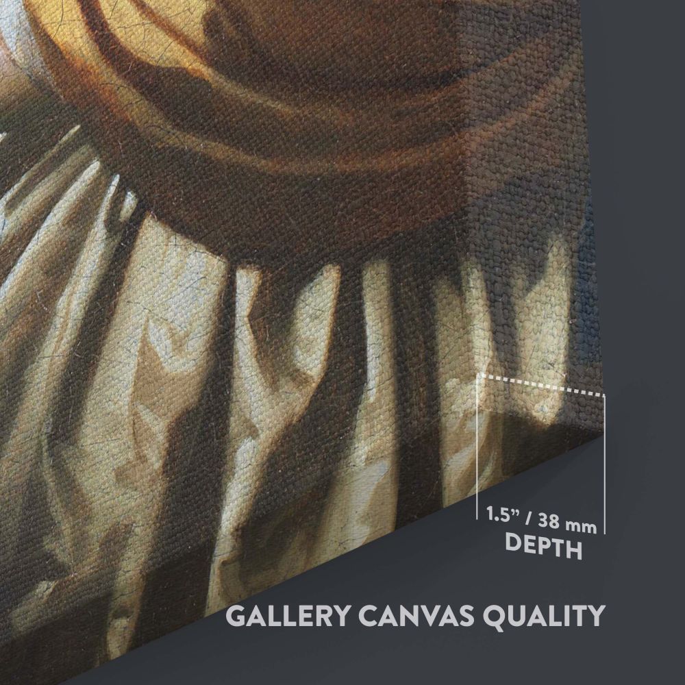 Artistic wall canvas of A Young Woman Seated at the Virginals by Vermeer showing a woman seated at a virginal, her golden dress and serene expression illuminated by natural light, with a simple blue-gray background adding elegance to the scene.