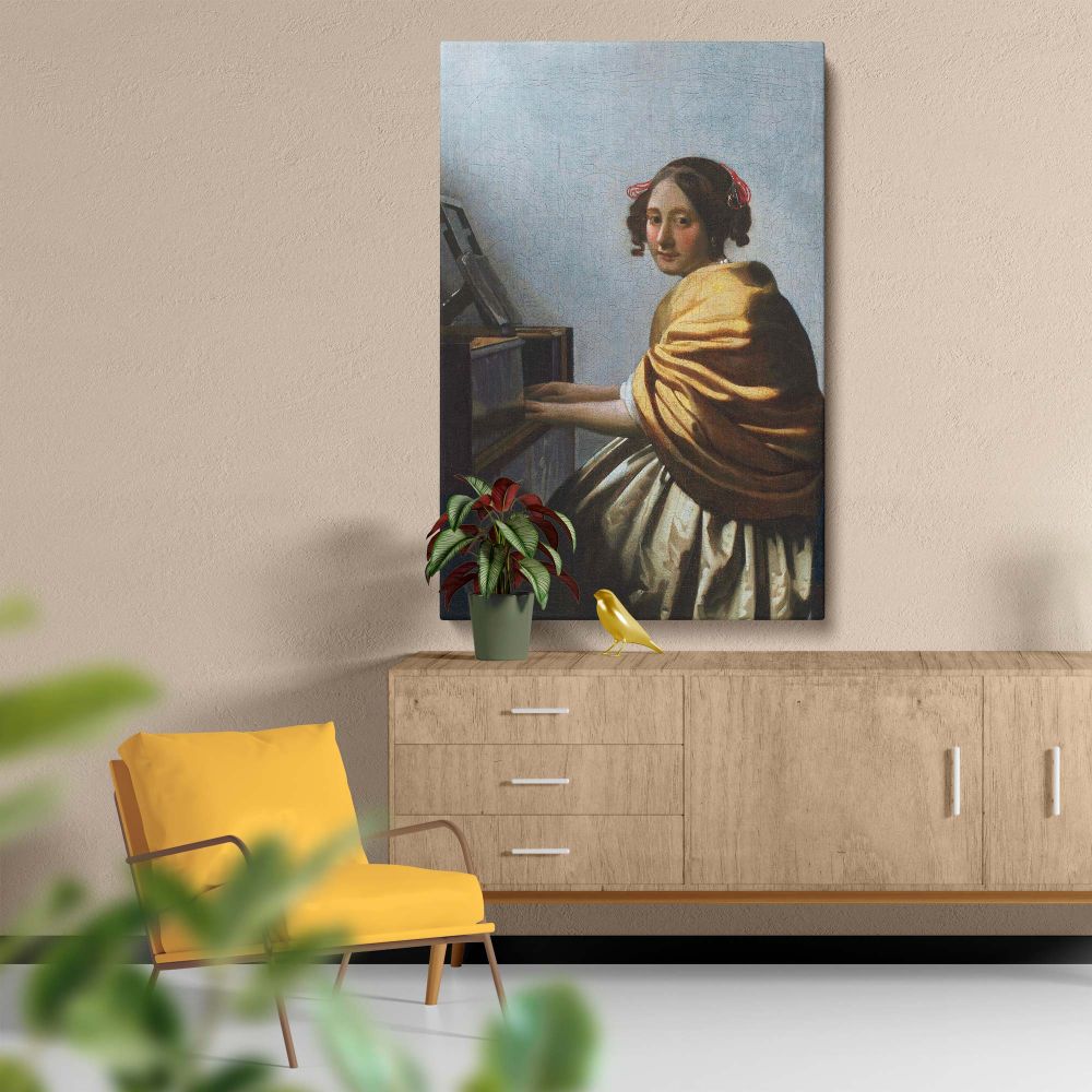 Elegant wall canvas of Vermeer's A Young Woman Seated at the Virginals showing a young woman playing a virginal in a softly lit room, with her delicate expression and the warm tones of her attire creating a timeless and harmonious atmosphere.