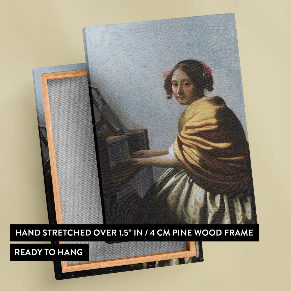 Captivating wall art of A Young Woman Seated at the Virginals by Johannes Vermeer featuring a woman playing a virginal, with soft natural light highlighting her serene expression, golden dress, and the fine details of the musical instrument.