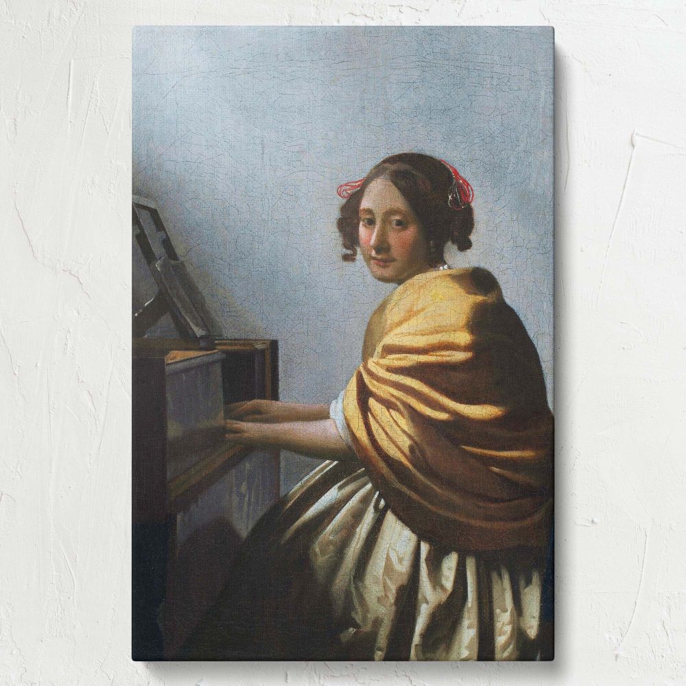 Wall canvas print of Vermeer's A Young Woman Seated at the Virginals showcasing a serene musical scene, with a young woman dressed in warm golden tones and illuminated by soft natural light, creating a peaceful and timeless composition.
