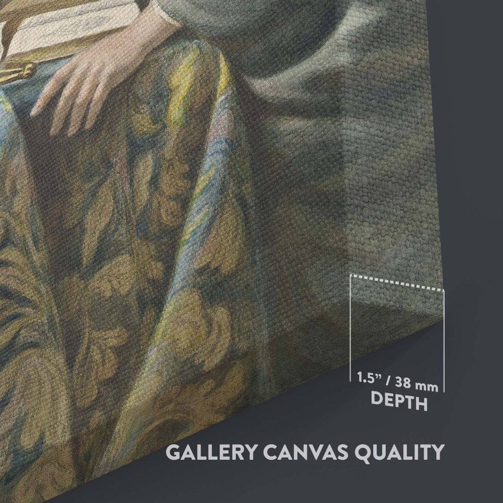 Artistic wall canvas of De Astronoom by Delfos and Vermeer showcasing an astronomer examining a globe with calm focus, surrounded by books and charts, with rich fabric textures and soft light adding elegance to this Enlightenment-inspired scene.