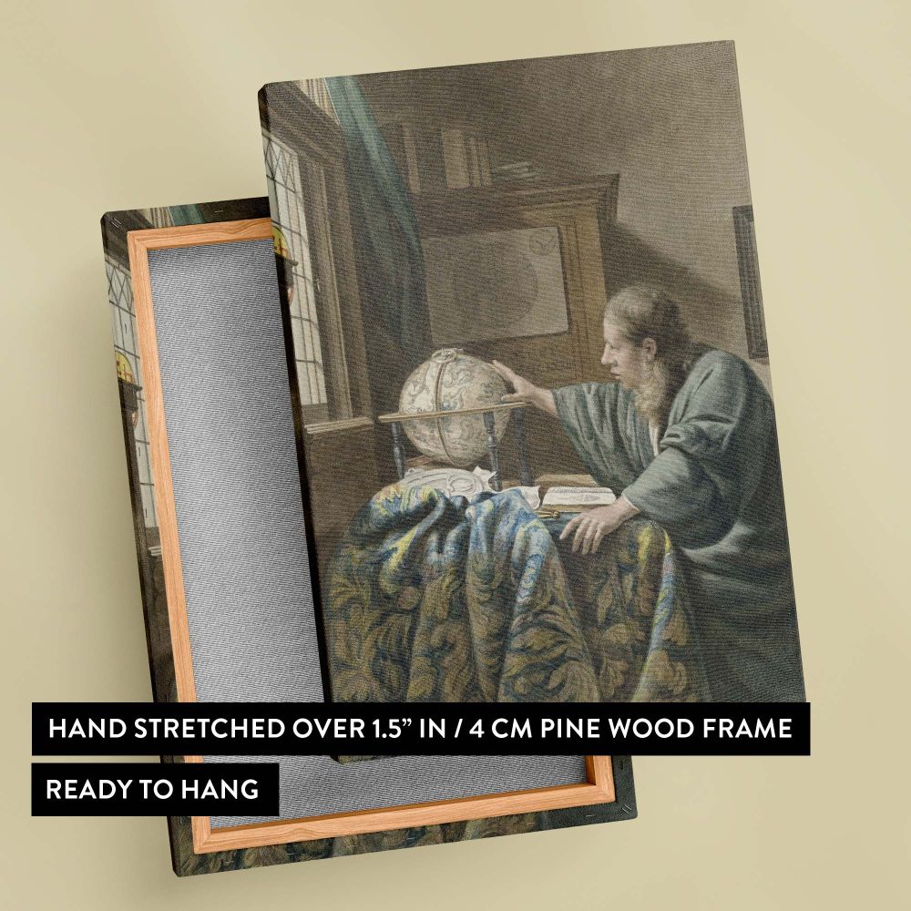 Elegant wall canvas of De Astronoom showcasing a thoughtful astronomer leaning over a globe, with richly detailed drapery and a calm, sunlit interior emphasizing the intellectual pursuit of knowledge in this timeless and serene composition.