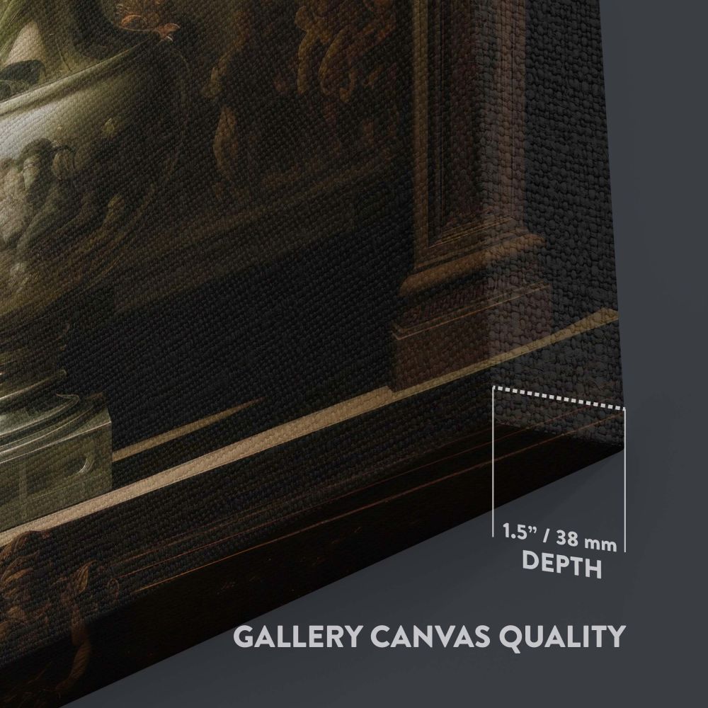Artistic wall canvas of a vase of flowers inspired by Vermeer featuring a detailed floral arrangement in bright hues of pink, yellow, and white, with intricate textures on the ornate vase and dramatic lighting adding depth to the scene.