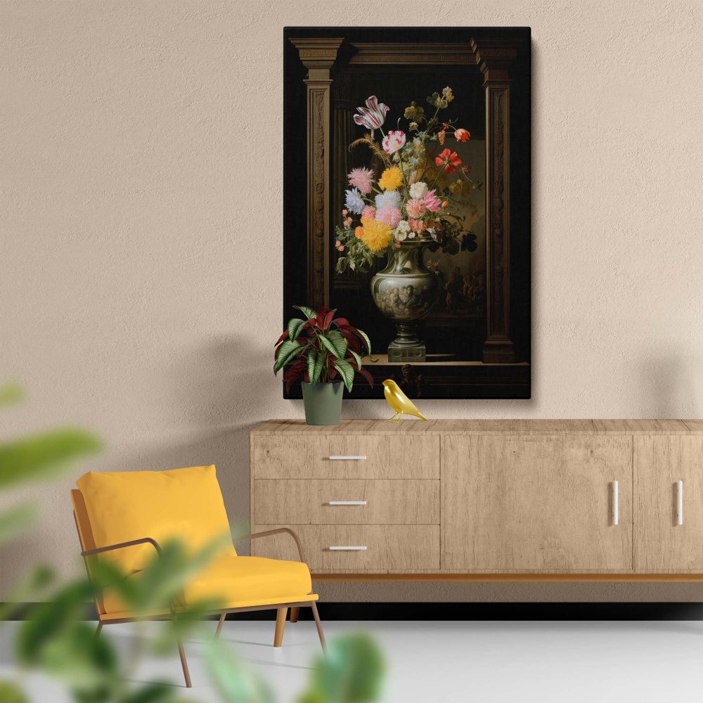 Captivating canvas of a vase of flowers inspired by Johannes Vermeer featuring a rich floral arrangement with lifelike textures and vibrant hues in a decorative vase, set against dramatic lighting that highlights the fine details of the composition.