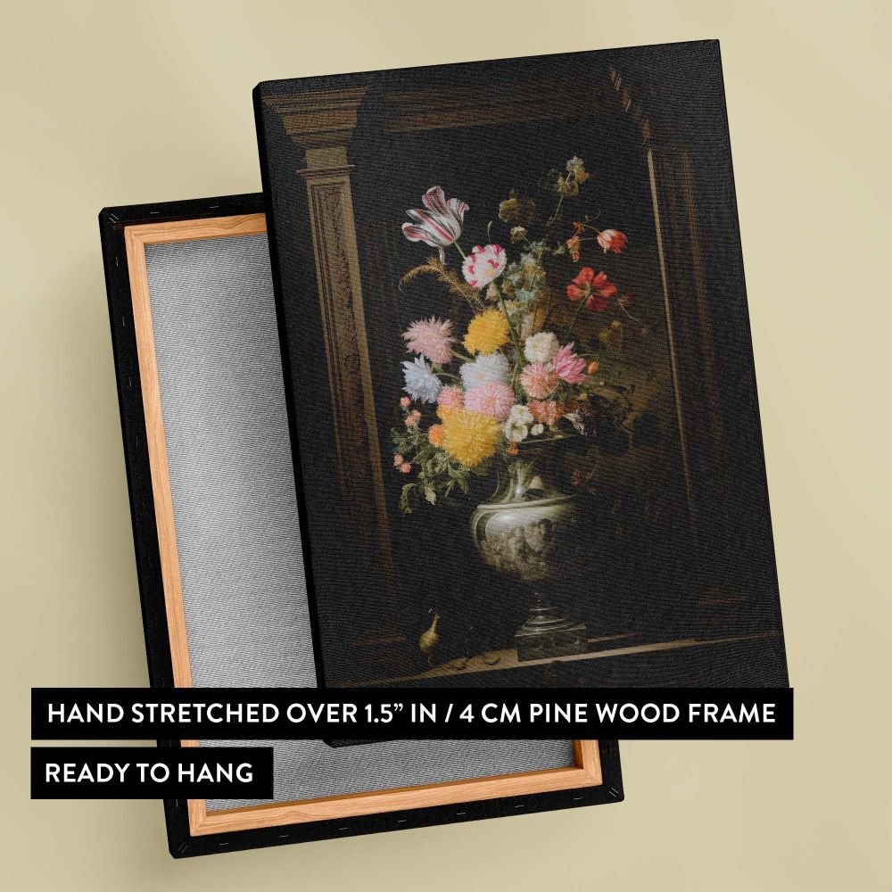 Elegant wall canvas of a vase of flowers painting inspired by Vermeer showcasing a beautifully arranged bouquet in a richly detailed vase, with soft lighting and a dark background creating a timeless and sophisticated visual.