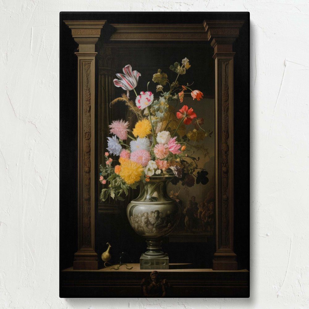 Classic reproduction of a vase of flowers painting inspired by Vermeer featuring an ornate vase holding a lush and colorful bouquet, with intricate textures on the petals and dramatic light adding elegance to this artistic masterpiece.