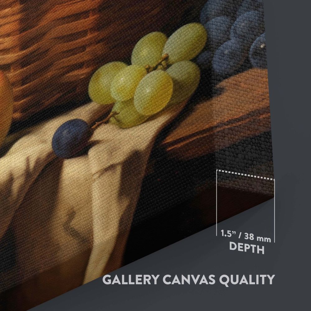 Artistic wall canvas of a Basket of Fruits inspired by Vermeer featuring a rustic scene with ripe green and purple grapes, apples, and a woven basket, illuminated by warm lighting and surrounded by realistic textures and rich tones..