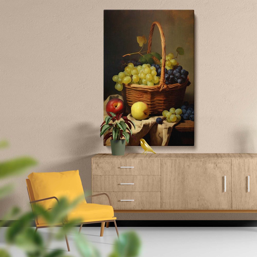 Captivating wall art of a fruit basket inspired by Vermeer featuring ripe grapes and apples in a wicker basket, resting on a draped fabric with soft, natural light highlighting the intricate textures and warm tones of the rustic and classic composition.