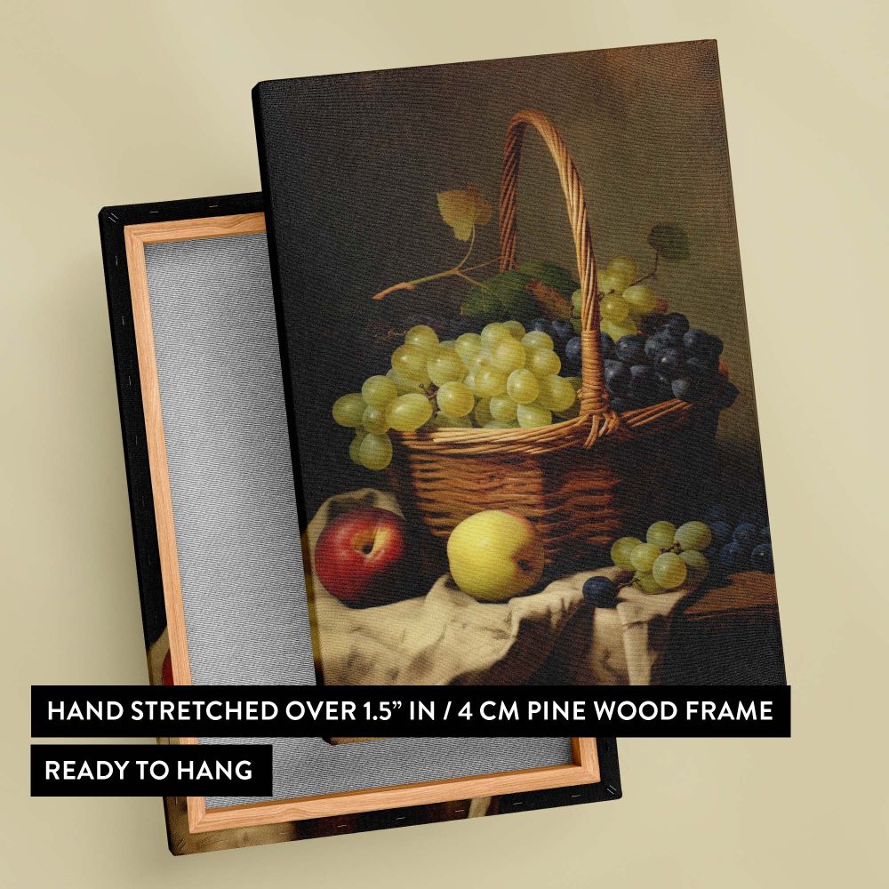Elegant canvas print of a Basket of Fruits inspired by Vermeer showcasing a lifelike still life with grapes and apples arranged in a rustic basket, with soft natural light emphasizing the rich colors, textures, and timeless charm of the artwork.