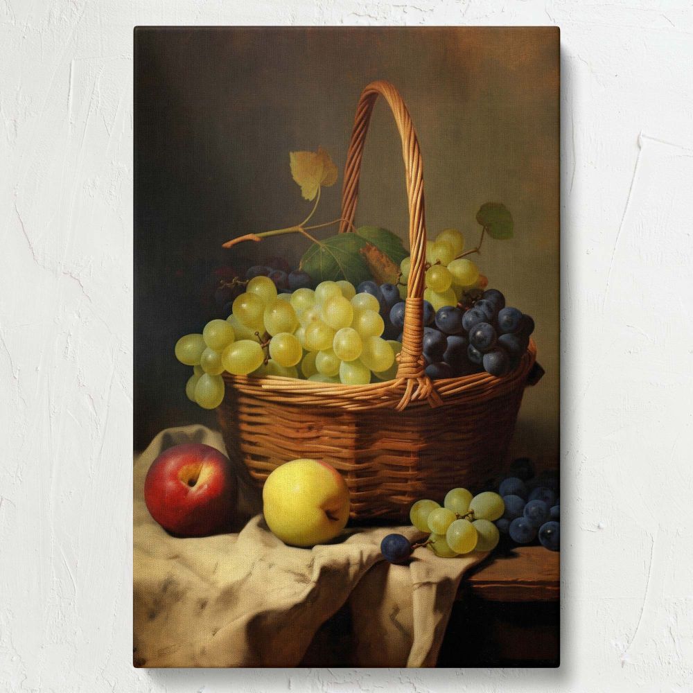 Classic reproduction of a Basket of Fruits painting inspired by Vermeer featuring a vibrant still life with grapes and apples in a wicker basket, surrounded by soft lighting and realistic textures that create a warm and inviting scene.