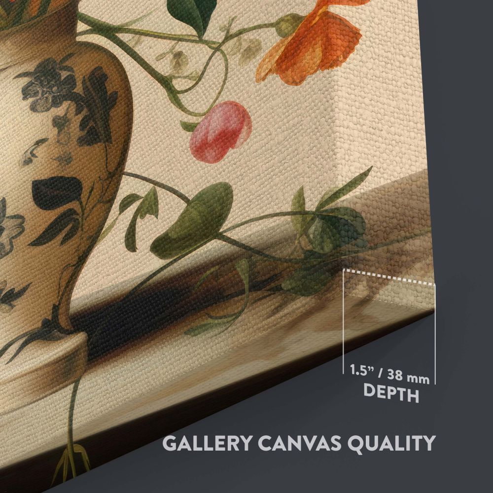 Artistic wall canvas of butterfly and flowers inspired by Vermeer featuring a vivid bouquet of blooms in a detailed vase with intricate patterns, surrounded by butterflies and warm, soft lighting creating a serene and elegant still life composition.
