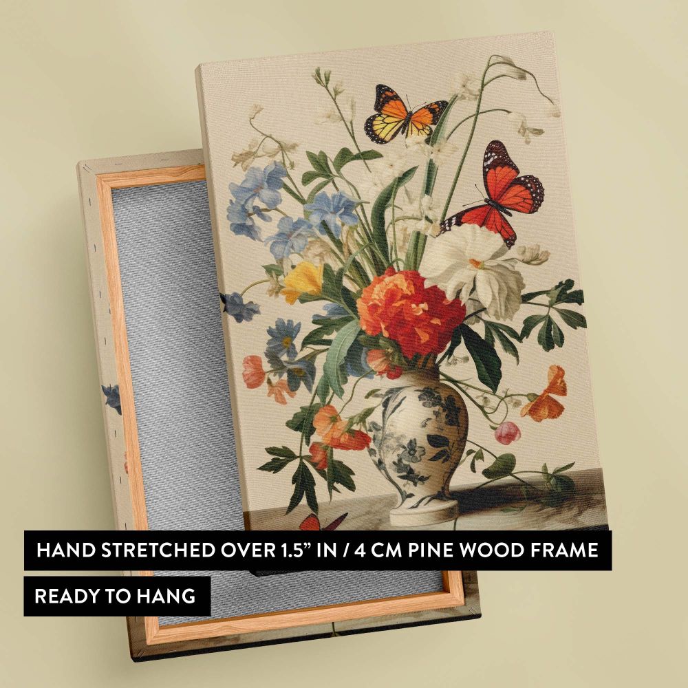 Elegant wall art of Vermeer-inspired butterfly and flowers featuring a vase with intricate floral patterns holding a lush bouquet of colorful flowers, surrounded by delicate butterflies with warm lighting emphasizing the lifelike textures.