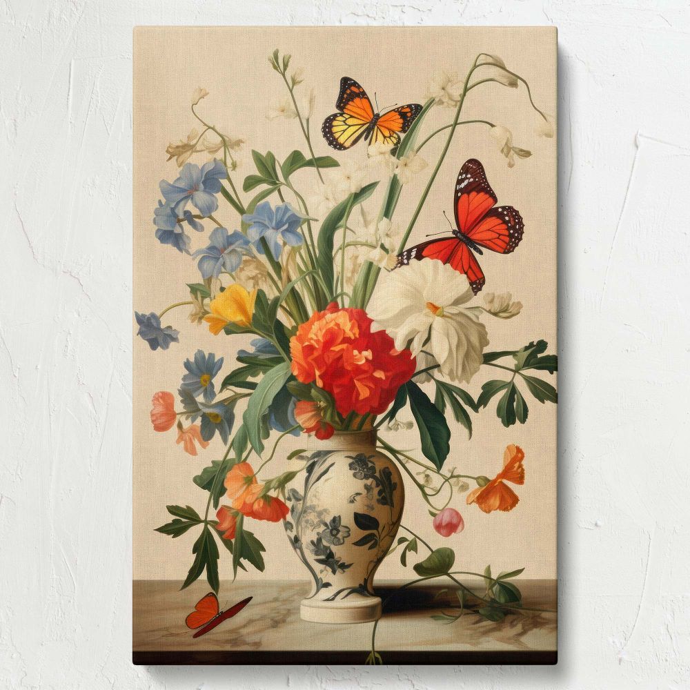 Timeless canvas print of butterfly and flowers in a vase inspired by Vermeer featuring a vibrant floral arrangement with detailed butterflies resting on petals, set in a decorative vase with soft lighting highlighting the natural beauty of the scene.