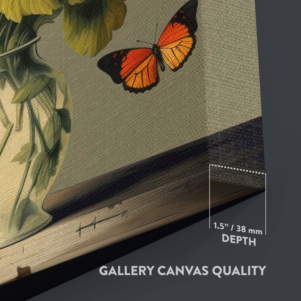 Artistic wall canvas of butterfly and flowers in a vase inspired by Vermeer featuring a vibrant bouquet of flowers with lifelike textures, surrounded by fluttering butterflies and illuminated by soft light against a calming green background.