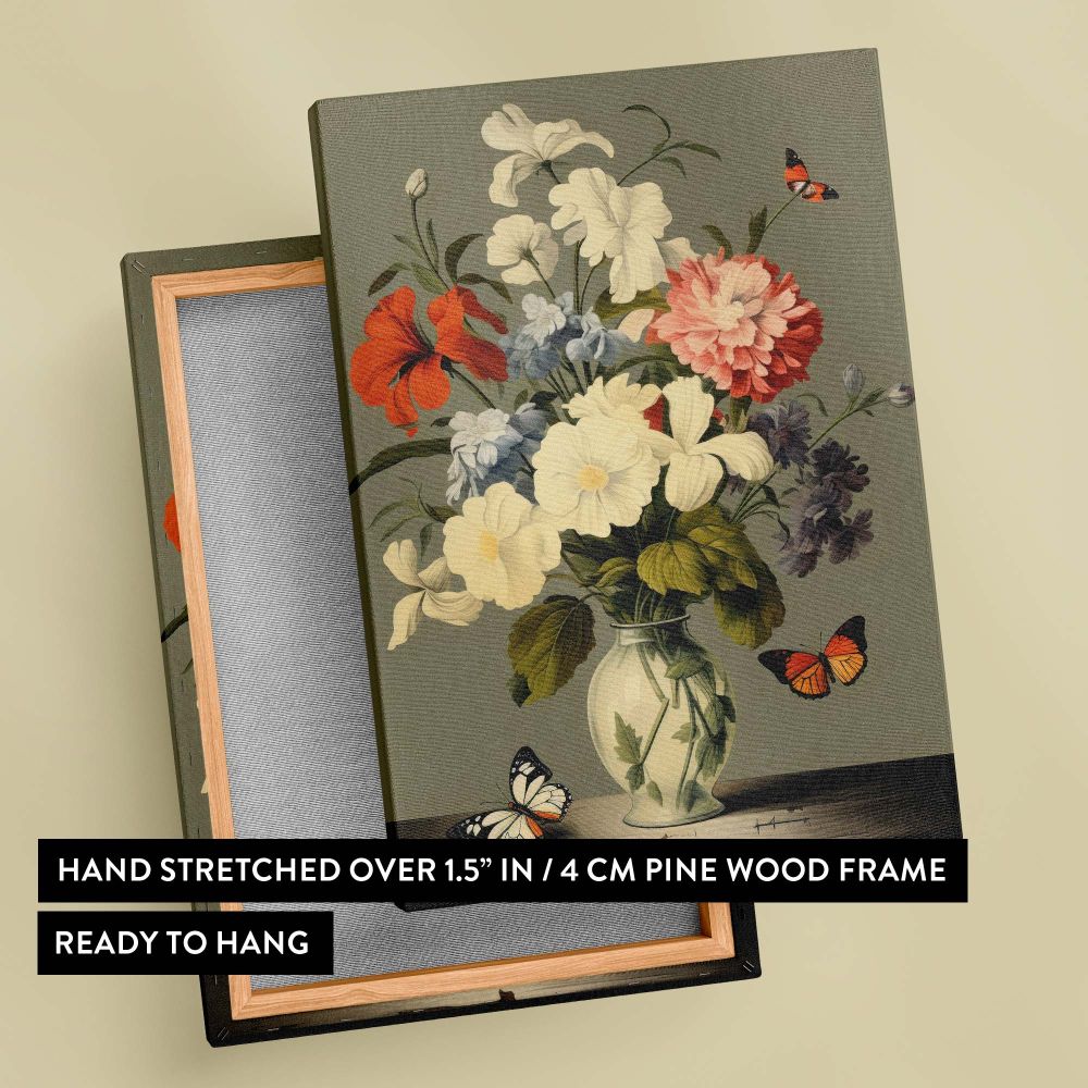 Elegant canvas print of butterfly and flowers in a vase inspired by Vermeer showcasing a richly detailed floral arrangement with butterflies in an ornate vase, illuminated by soft lighting and set against a muted green backdrop for a classic look.