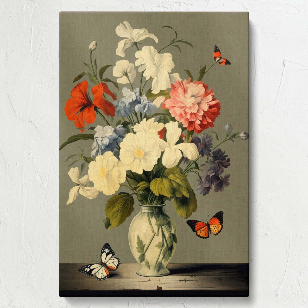 Timeless wall art of butterfly and flowers in a vase inspired by Vermeer featuring a beautifully detailed bouquet of flowers with lifelike petals and delicate butterflies in a decorative vase, highlighted by warm natural light and muted tones.
