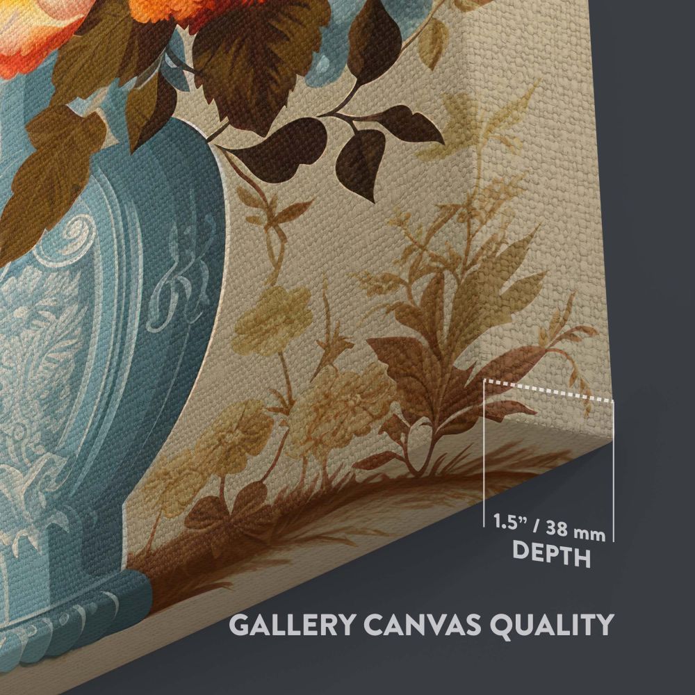 Artistic wall canvas of Vermeer's vase of flowers featuring a vivid bouquet of roses, lilies, and wildflowers in a detailed blue vase with ornate patterns, illuminated by soft lighting and set against a muted, elegant background for a timeless aesthetic.