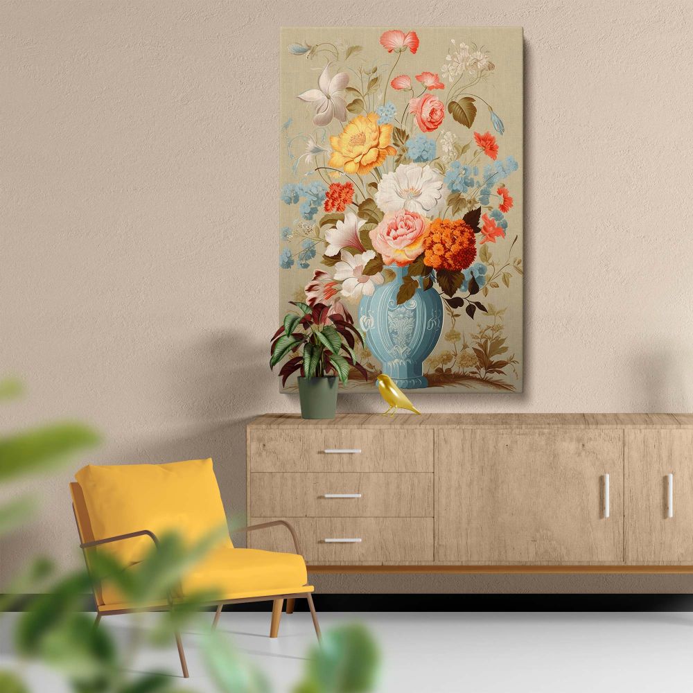 Captivating wall canvas of Vermeer-inspired vase of flowers featuring a bright bouquet in an intricately designed vase with ornate floral patterns, illuminated by soft natural light and surrounded by muted tones for a harmonious and elegant composition.