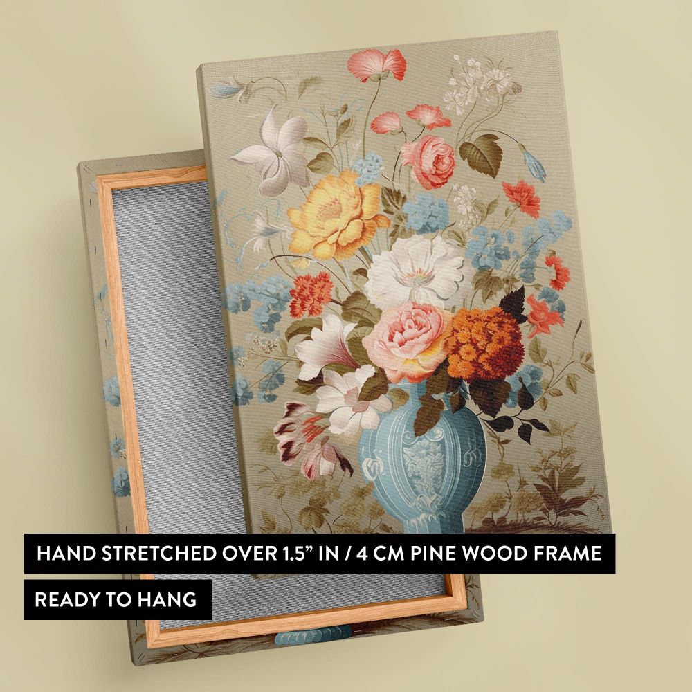Elegant wall canvas of Vermeer-inspired vase of flowers showcasing lifelike blooms in soft pink, yellow, and blue tones arranged in a blue vase with intricate designs, illuminated by warm lighting and set against a muted and serene background.