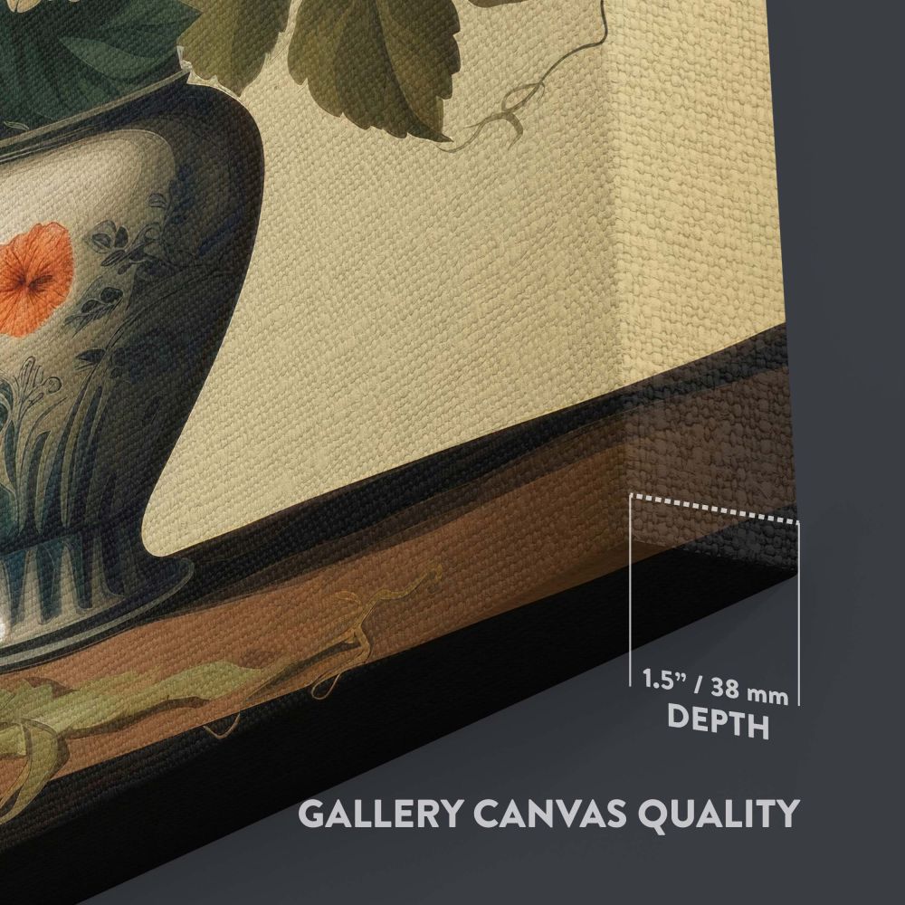 Artistic wall canvas of butterfly and flowers in a vase inspired by Vermeer featuring bright orange and white blooms with red accents arranged in a detailed vase, with butterflies adding movement and warm lighting enhancing the lifelike details.