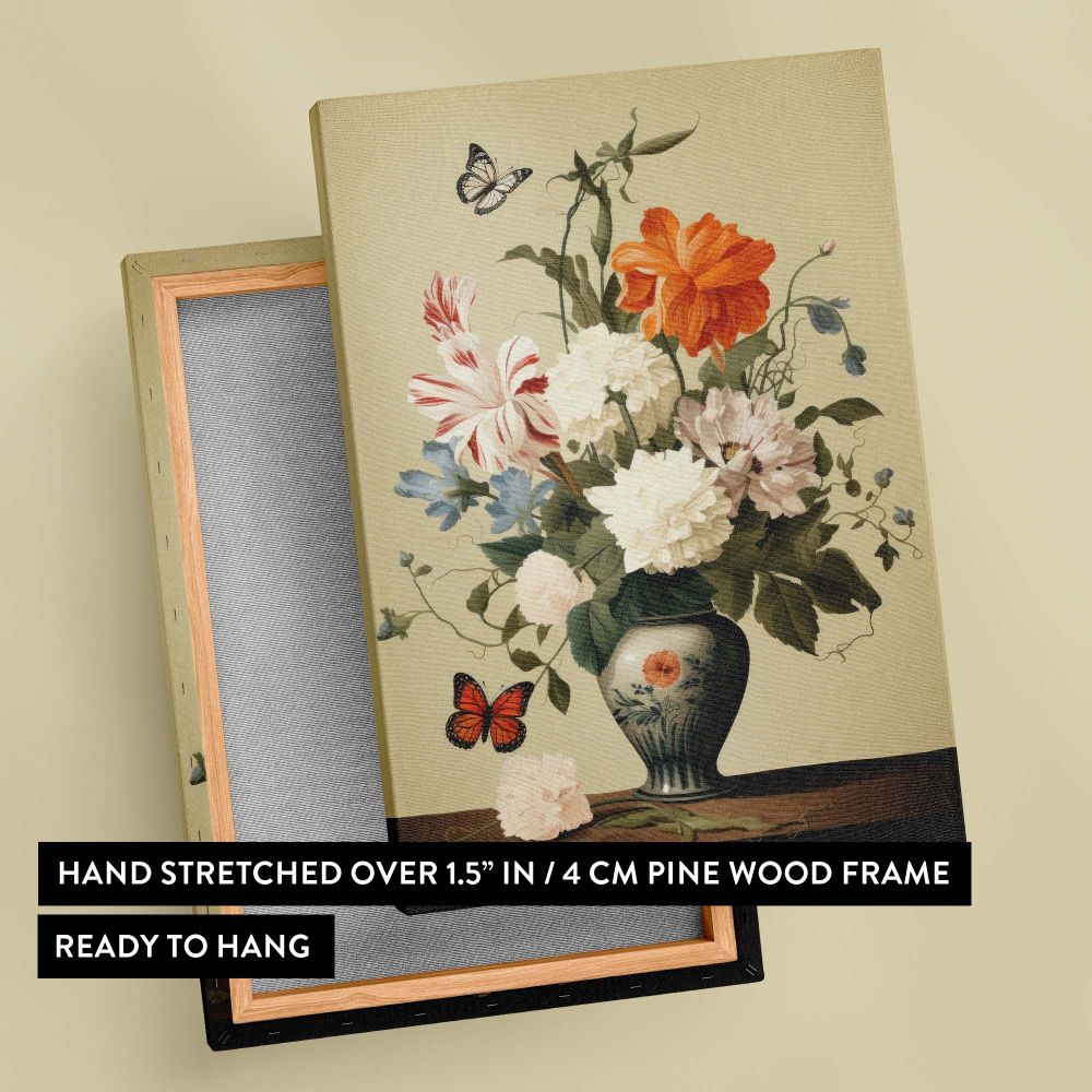 Elegant wall art print of Vermeer-inspired butterfly and flowers in a vase showcasing a vibrant bouquet with intricate floral details, adorned with fluttering butterflies and illuminated by warm natural light for a serene and classic look.