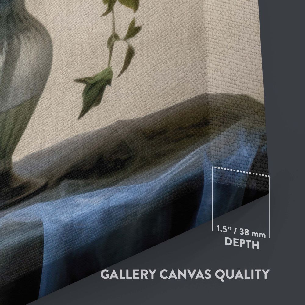 Elegant wall art of Vermeer-inspired vase of flowers with a lush floral bouquet in yellow, pink, and blue hues arranged in a delicate glass vase, surrounded by soft lighting and muted tones creating a serene and timeless composition.