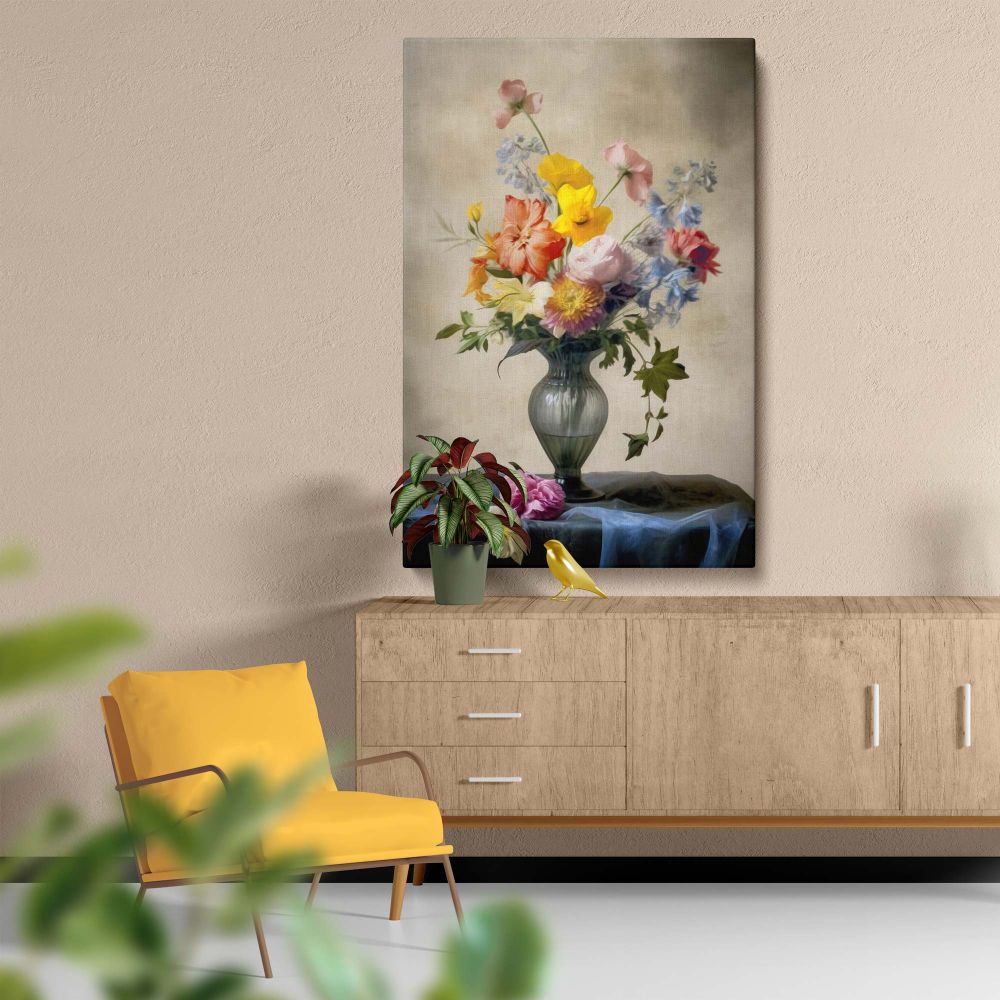 Decorative Vermeer-inspired vase of flowers wall canvas showcasing a beautiful floral arrangement in orange, pink, and blue tones with lifelike textures, displayed in a detailed glass vase and illuminated by warm lighting for timeless appeal.