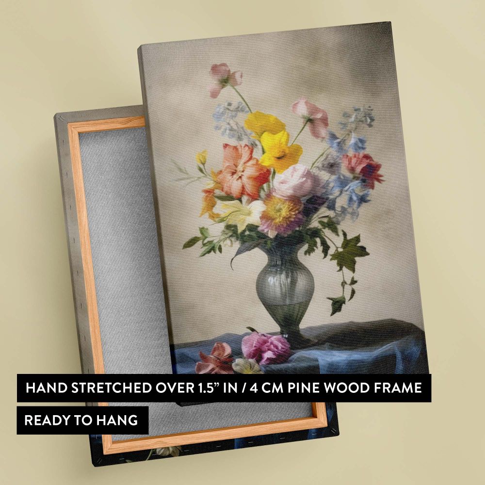Captivating Vermeer-inspired vase of flowers wall art featuring a colorful bouquet with intricate textures in a glass vase, illuminated by soft light, with gently draped fabric and muted tones adding elegance to this serene composition.