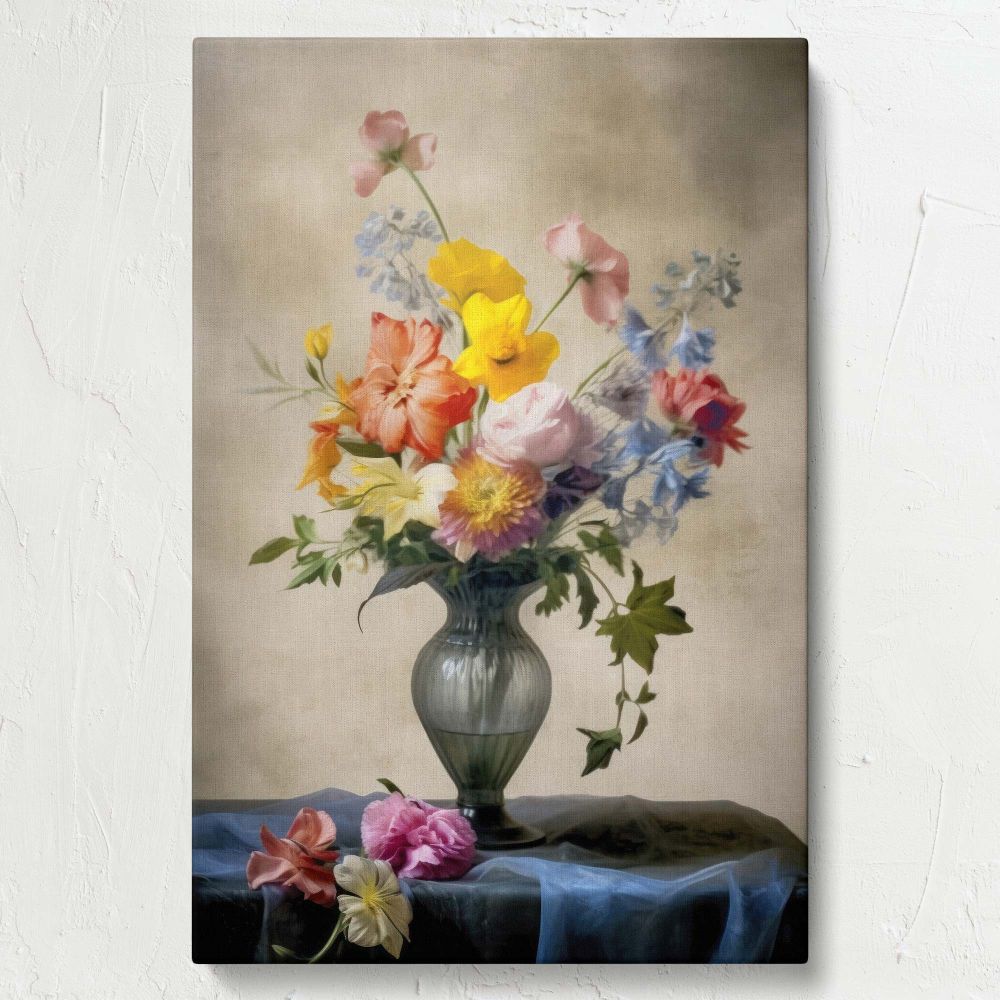 Classic Vermeer-inspired floral canvas featuring a lifelike bouquet of colorful flowers in a detailed glass vase, illuminated by warm natural lighting, with soft draping fabric and muted tones creating a serene and timeless still-life aesthetic.