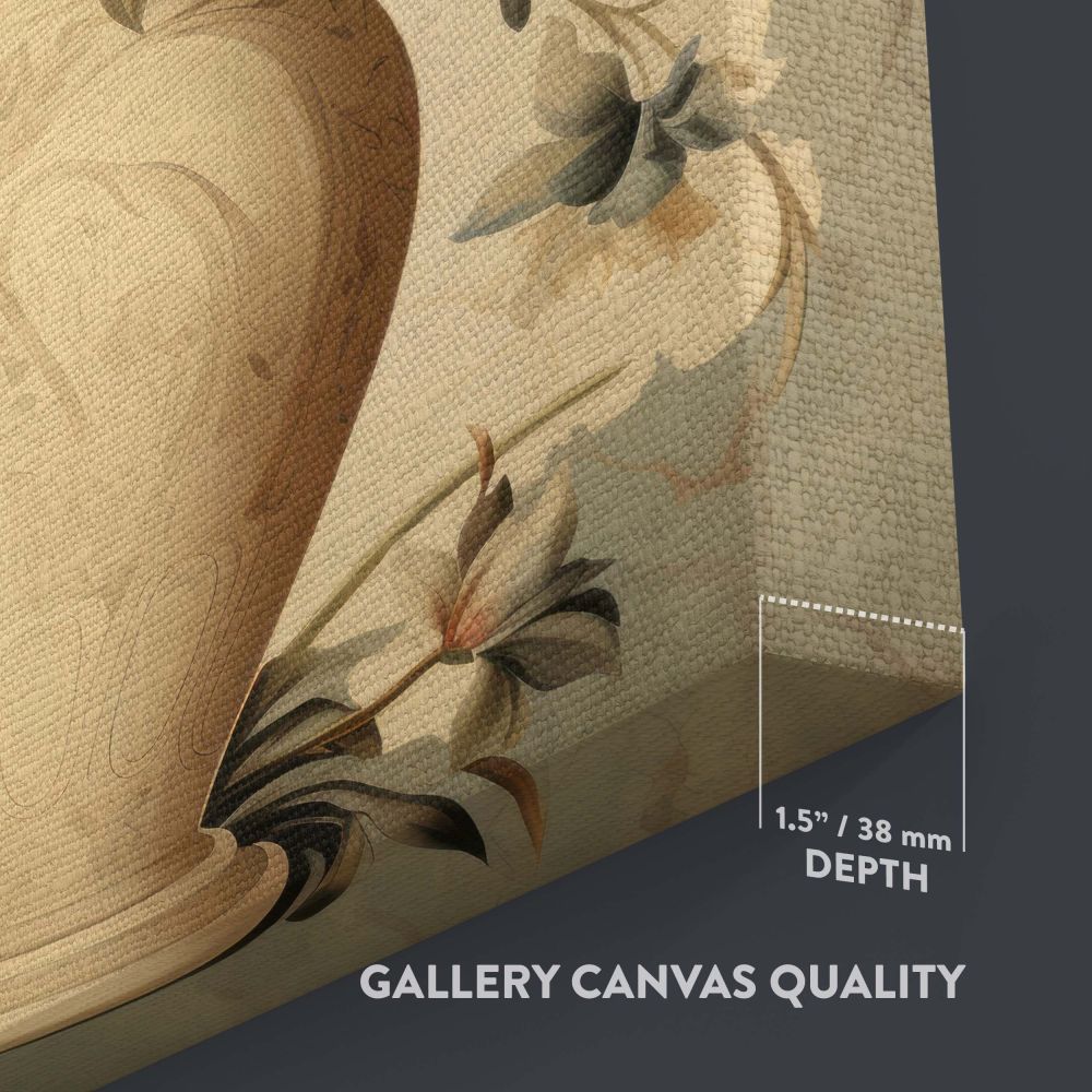 High-quality canvas print of a Vermeer-inspired porcelain vase of flowers featuring a classic still-life composition with pastel blooms and ornate vase patterns, illuminated by warm lighting and set against a muted and elegant background.
