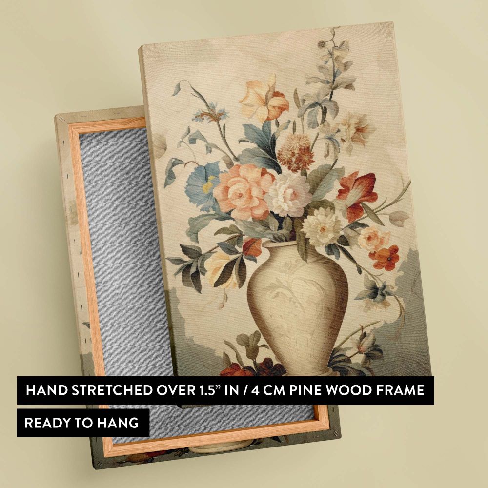 Captivating Vermeer-inspired wall art of a porcelain vase of flowers featuring pastel blooms with realistic petals and leaves, set in an ornate vase with intricate patterns, illuminated by warm natural light for a serene and sophisticated composition.