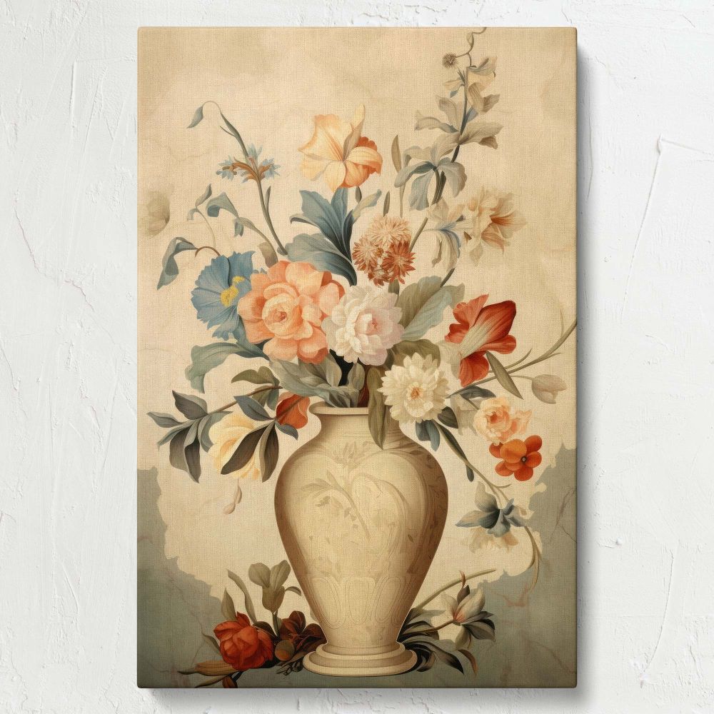 Timeless wall canvas inspired by Vermeer depicting a porcelain vase of flowers with soft peach, cream, and blue blooms, surrounded by muted tones and gentle lighting to highlight the lifelike textures and elegant details of this still-life masterpiece.